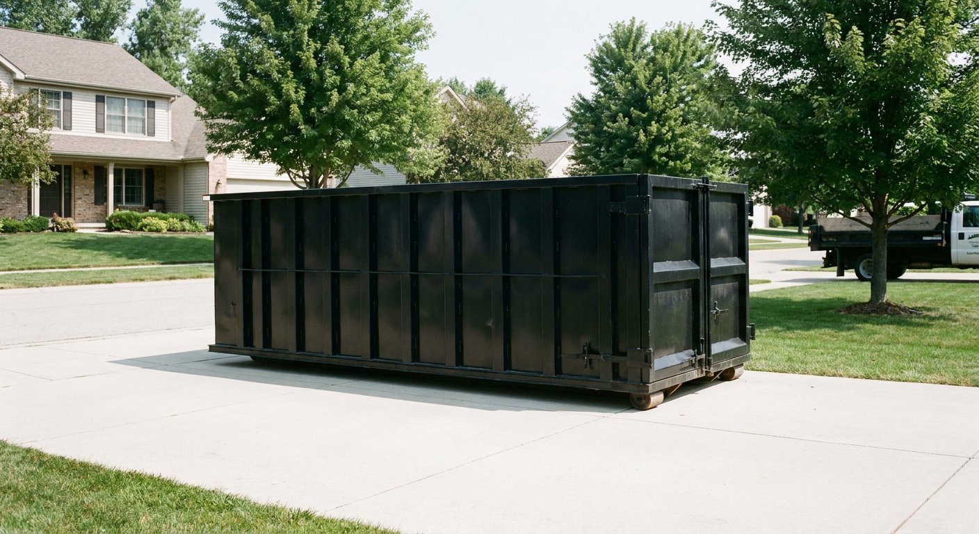 Matte-black 20-yard roll-off dumpster sitting level on a clean Brownsville residential concrete driveway under bright daylight, demonstrating clean placement directly on the concrete.