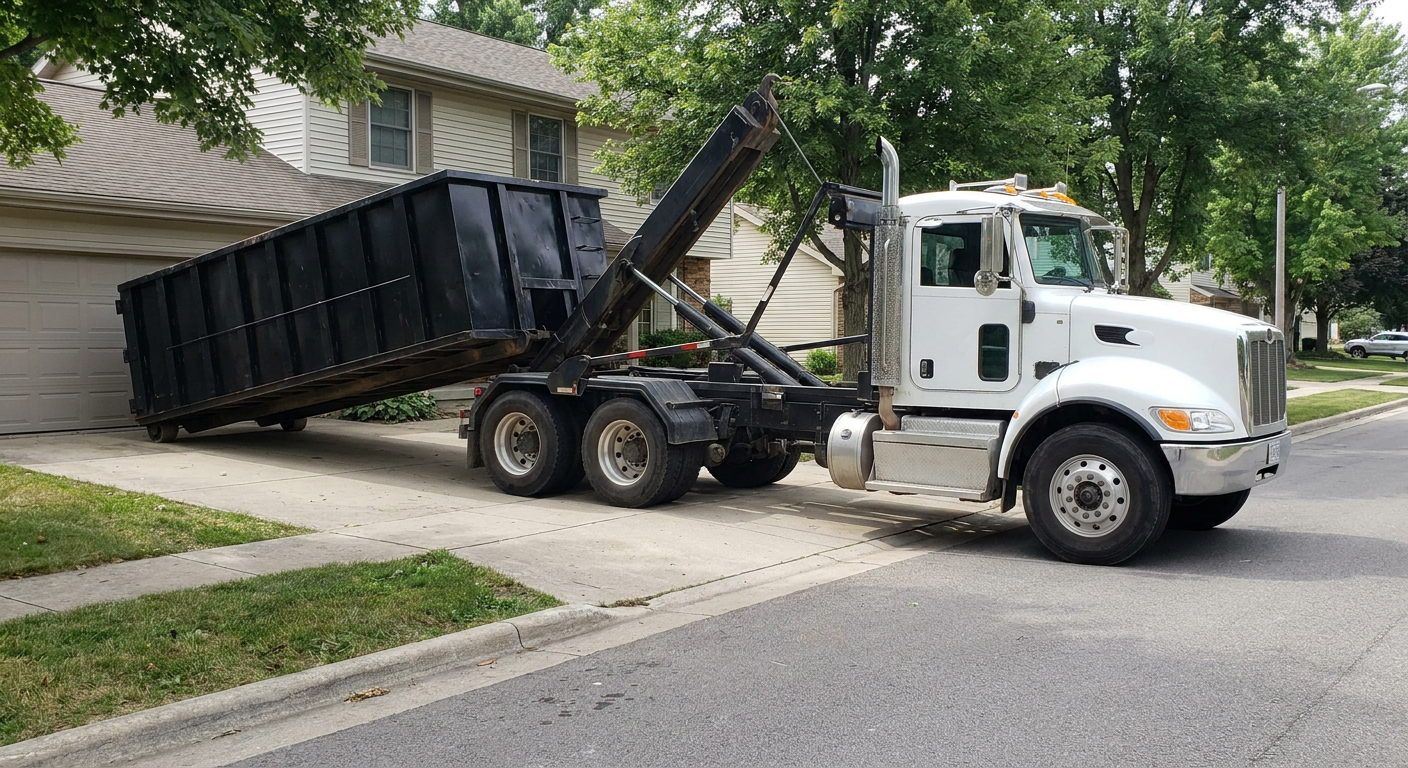 White-cab hooklift roll-off truck actively lowering a matte-black dumpster onto a Brownsville residential concrete driveway, the dumpster's rear wheels touching the driveway as the hoist arm tilts the bed forward, mid-morning daylight.